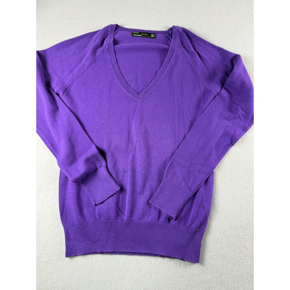 Zara Womens Purple V-Neck Cotton Blend Raglan Sleeve Knit Sweater Size M